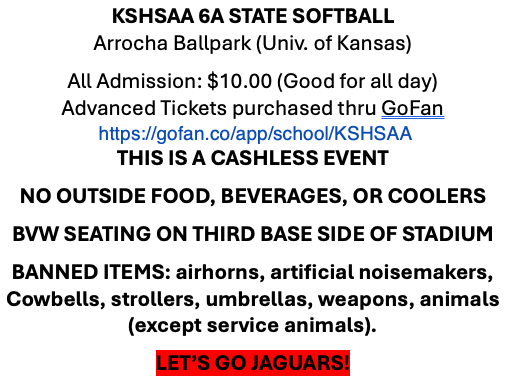 KSHSAA 6A Softball at Arrocha Ballpark at KU. $10 Admission for K-12 students and Adults. gofan.co/app/school/KSH… This is a Cashless Event! Stay Classy Jaguars! #BVWFAMILY
