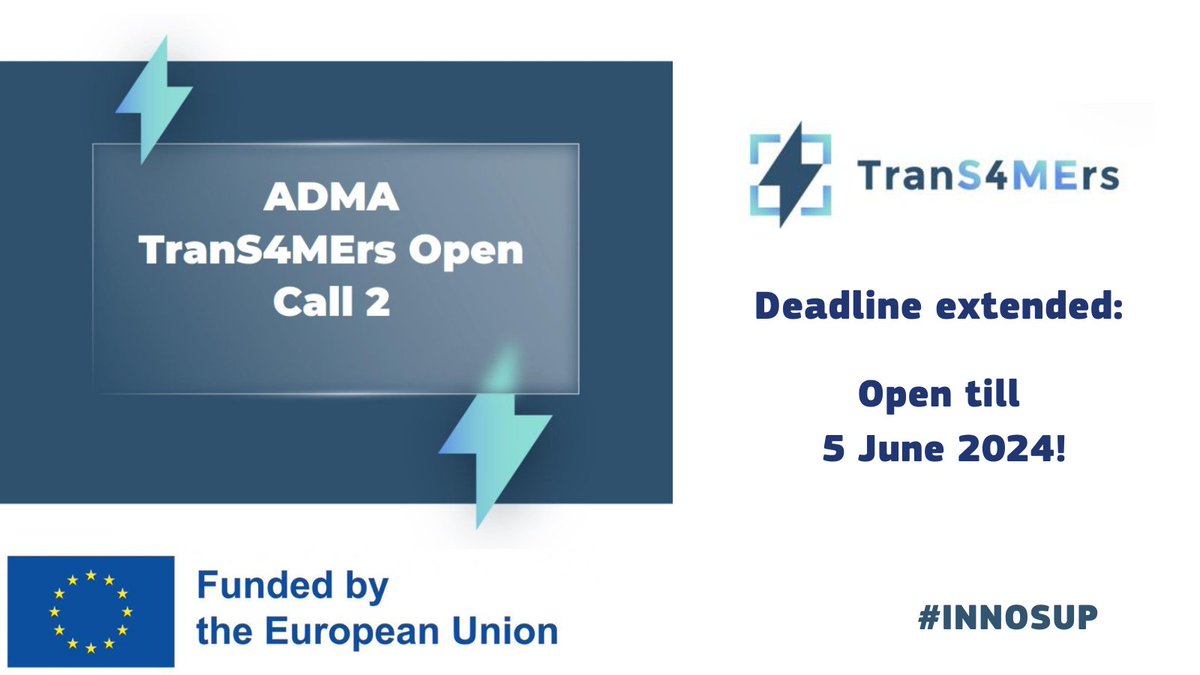 🔔 Last reminder: the final cut-off of #INNOSUP-backed @ADMA_TranS4MErs open call is around the corner!

The call aims to assist #SMEs in the EU 🇪🇺 to implement #innovative & advanced manufacturing solutions.

Apply by 5 June➡️ europa.eu/!6tV33t
#DigitalTransformation