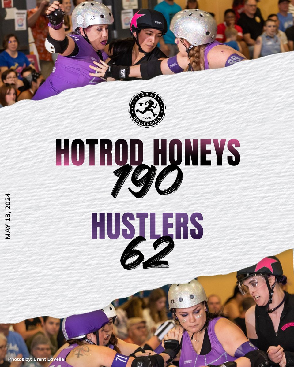 Bout 2 Scores:
Hotrod Honeys: 190
Hustlers: 62

Bout 2 MVPs:
Hotrod Honeys Jammer: Hauss The Boss
Hotrod Honeys Blocker: LaVooDoo
Hustlers Jammer: Yellow Fever
Hustlers Blocker: Spread Eagle