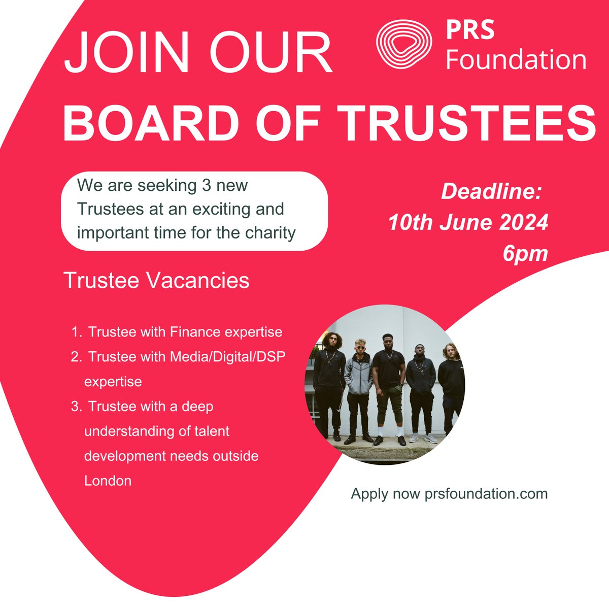 PRS Foundation is seeking 3 x new Trustees at exciting & important time as we approach our 25th Anniversary 🎉 We seek trustees with finance expertise, media/digital/DSP expertise and/or a deep understanding of talent development needs outside London prsfoundation.com/prs-foundation…