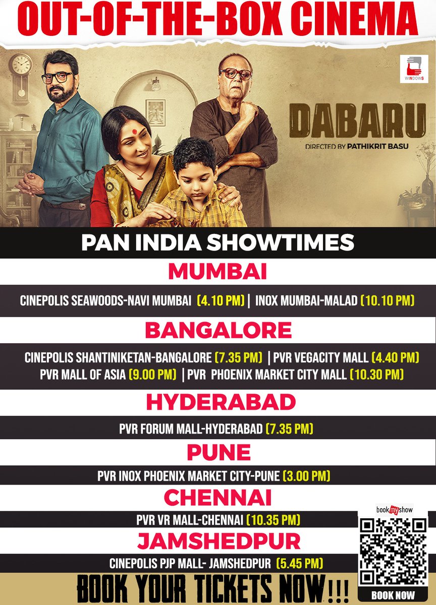 Pan India Show-timings of Dabaru! Have an amazing weekend ahead with Dabaru! Online Booking link : in.bookmyshow.com/kolkata/movies… #Dabaru #RunningSuccessfully #IncinemasNow #Windows @nanditawindows @shibumukherjee @RituparnaSpeaks @Pathikrit91