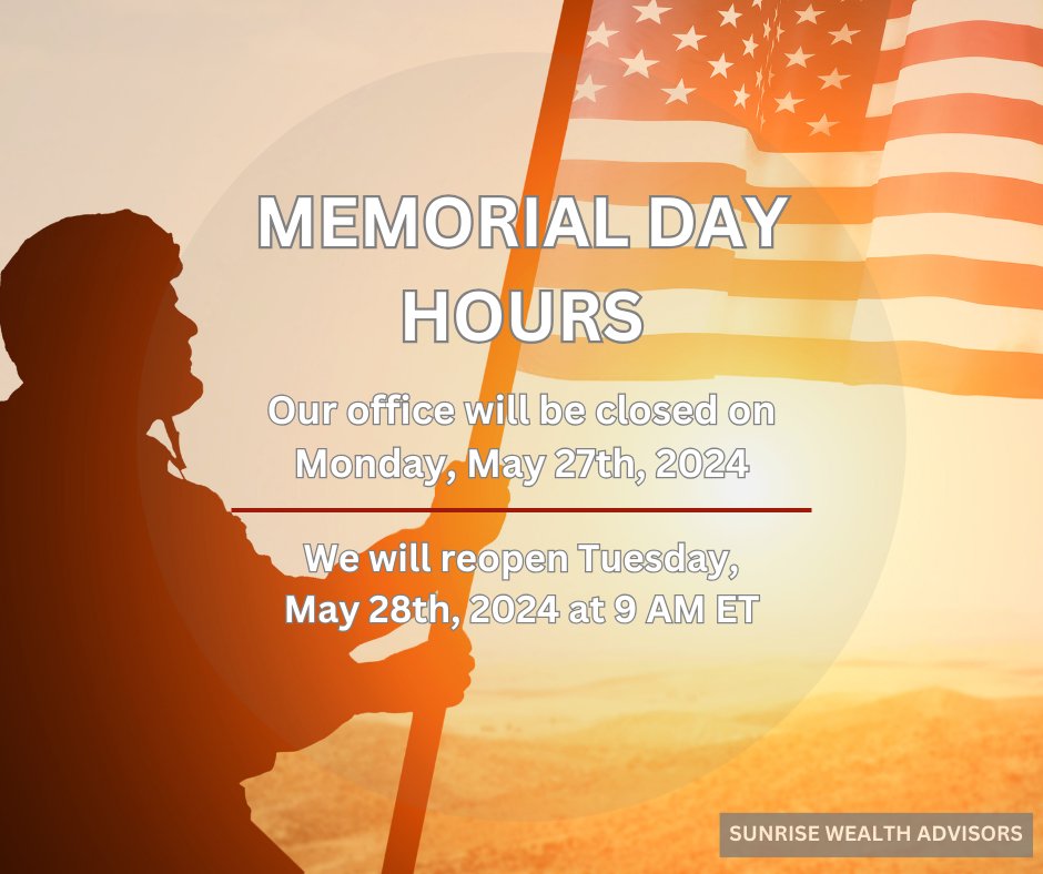 InvestingWNick's tweet photo. Our office will be closed on Monday, May 27, 2024 in observance of Memorial Day. We'll be back on Tuesday, May 28, 2024 at 9 AM.
Please note that the NYSE, NASDAQ, and bond markets are closed on Monday, May 27, in observance of the holiday. https://t.co/N9yezgbCzZ