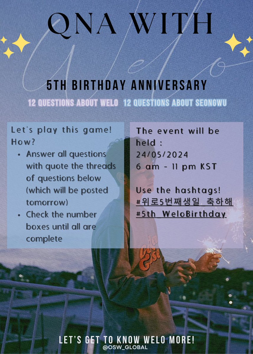 ✨QNA WITH WELO✨
Special Event for Welo 5th Birthday Anniversary

The event will be held: 
📅 24/05/2024 
⏰ 6 am - 11 pm KST

Let's celebrate and join this game!💙

Don't forget to use the hashtags!
#/5th_WeloBirthday
#/위로5번째생일_축하해

#ONGSEONGWU #옹성우