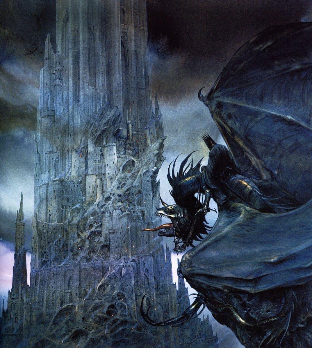 Nazgûl and Fell Beast passing by Barad-dûr By John Howe