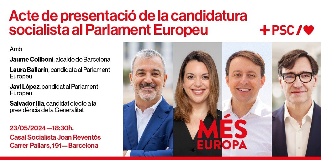 🌹 Acte de presentació de la candidatura socialista al Parlament Europeu. 🗓️ Avui ⏰ A partir de les 18:30h 📍 Casal Socialista Joan Reventós ▶️ Segueix l'acte en directe a les xarxes del PSC! #MésEuropa