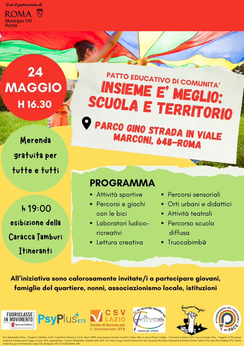🔈Siete tutti invitati all’iniziativa del Patto educativo di Comunità “Insieme è meglio” che si terrà domani 24 maggio dalle ore 16:30 presso il parco di Gino Strada in Viale Marconi, 648.

#fondazionediliegro #pattoeducativo #eventiroma