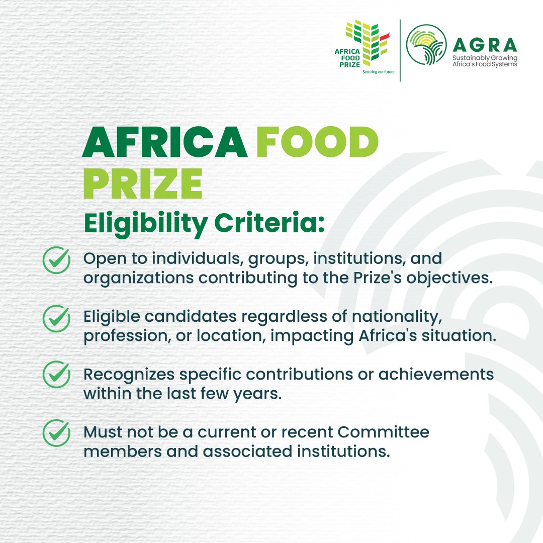 Africa Food Prize| #Foodsystems Recognizing individuals and institutions transforming African agriculture! The #AfricaFoodPrize2024 nominations are OPEN! The #AfricaFoodPrize is dedicated solely to agriculture and food systems, and elevating individuals and organizations whose