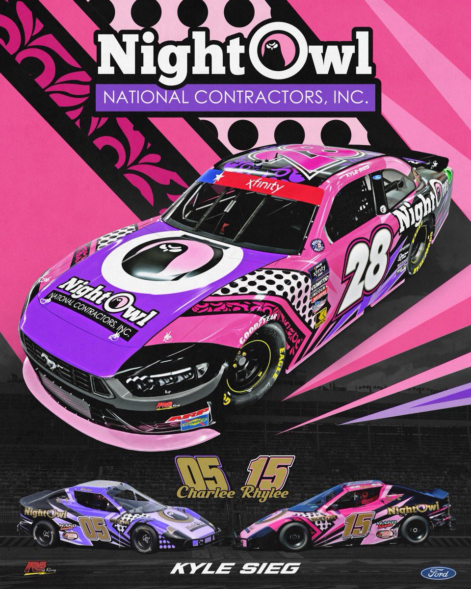 This scheme is going to stand out this weekend at Charlotte with Kyle Sieg behind the wheel. Thank you to Night Owl National Contractors for their loyal support. The car is designed based on Charlee and Rhylee Hutchins bandolero schemes. Can’t wait to see it on track!