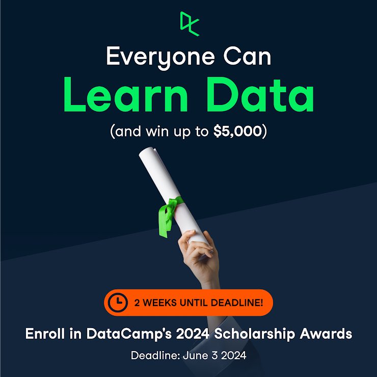 Join @DataCamp's 'Everyone Can Learn Data 2024' scholarship competition!🚀

Here's a chance to learn Python, R, or SQL online and use your new skills to win $5,000 to support further learning & more.📊📊

Register and start competing here:
lnkd.in/gM88_vKn

#dcdonates