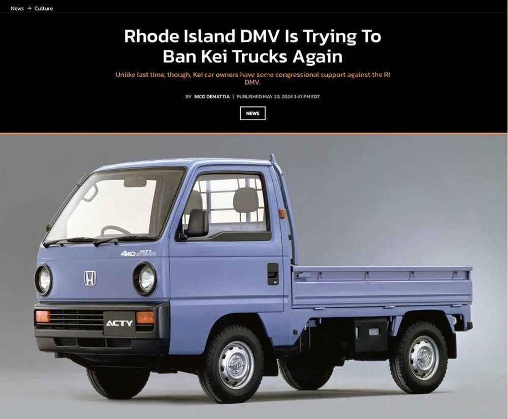 Pretty rich to see a DMV call kei trucks 'unsafe vehicles' while happily registering F-250s. thedrive.com/news/rhode-isl…