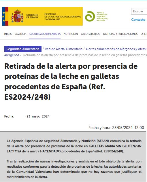 Retirada de la alerta por presencia de proteínas de la leche en galletas. 📌t.ly/gDczE