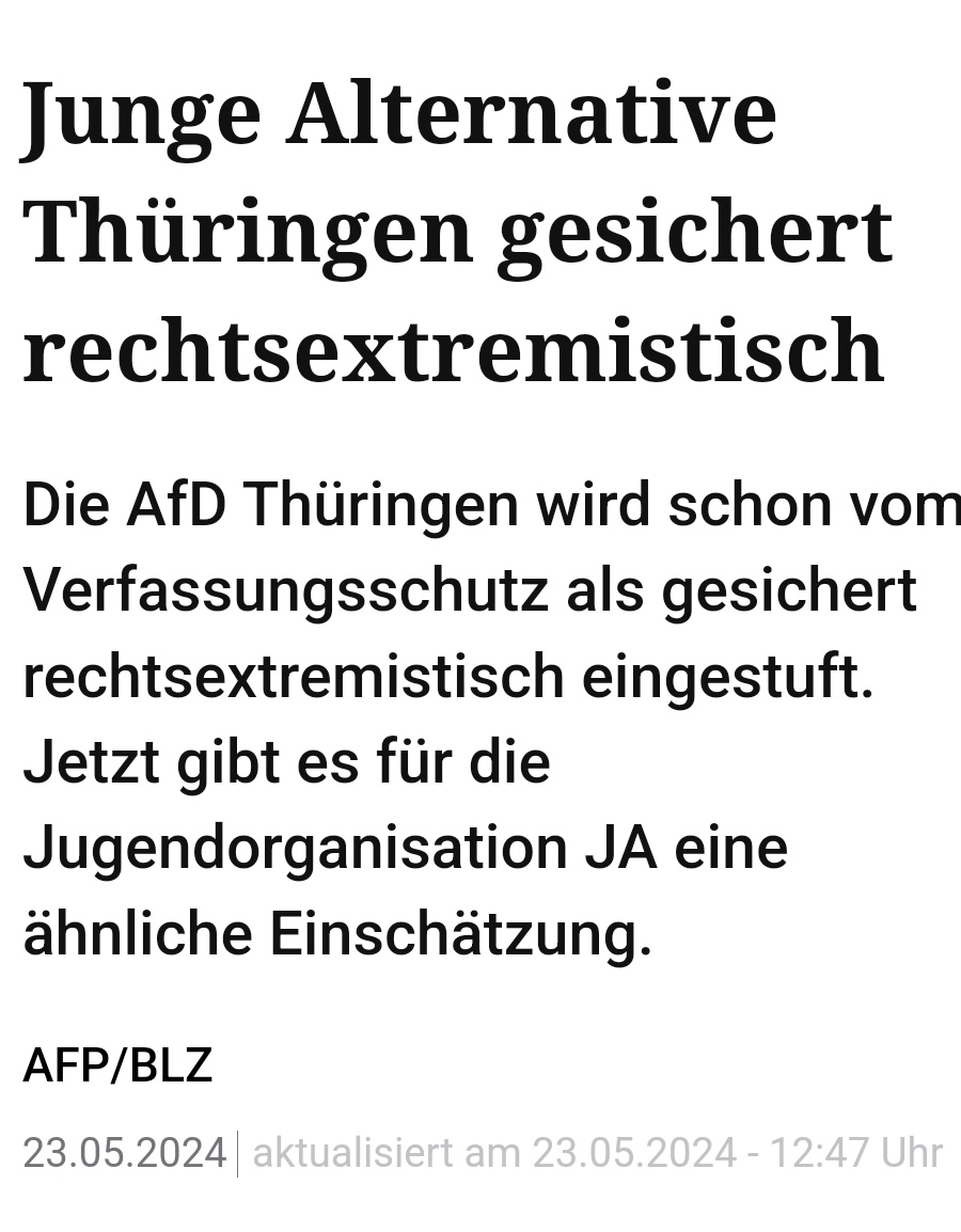 ES GEHT WEITER

▪ Antrag: ID will AfD aus dem Europaparlament werfen

▪ VS stuft JA Thüringen als gesichert rechtsextrem ein

Einfach nur krass, wie das alles kurz vor der Wahl eskaliert.
