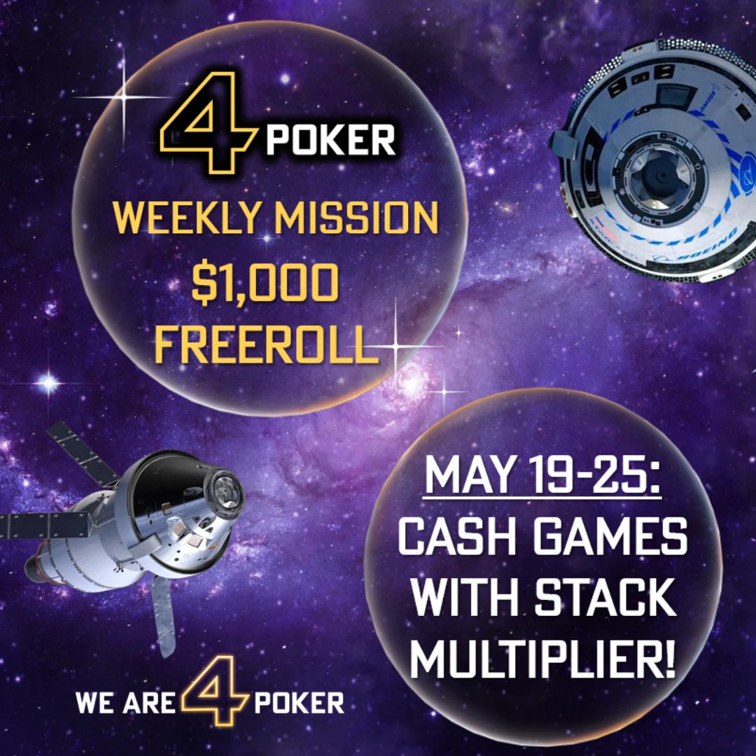 Join the Weekly Mission! 🛸

Make it to Sunday's T$1,000 Weekly Mission Freeroll with up to 100,000 starting chips 💥

Play 100+ raked Cash Game hands every day & get the stack multiplier: 4poker.eu/promotions/wee…

Play at 4Poker 🔥

#poker #pokergame #pokerplayer #pokerlife
