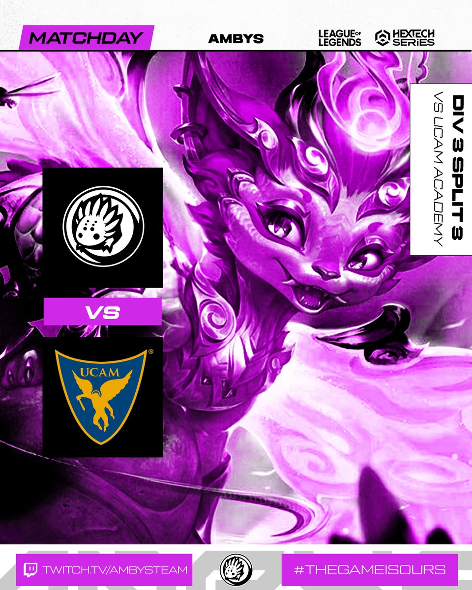 𝐌𝐀𝐓𝐂𝐇𝐃𝐀𝐘 #LeagueOfLegends 

Una victoria y estaremos en la final de los playoffs de ascenso a segunda. ⚡️

🏆  | #HextechSeries PLAYOFFS  2º
🆚  | <a href="/UCAM_esports/">UCAM Esports</a> AC
⏰️  | 19:00h 
🎙️  | @Xxmiguelitoxx4 &amp; <a href="/SVives09/">SVives</a>
📺  | twitch.tv/ambysteam
#AmbysTeam #TheGameIsOurs💜