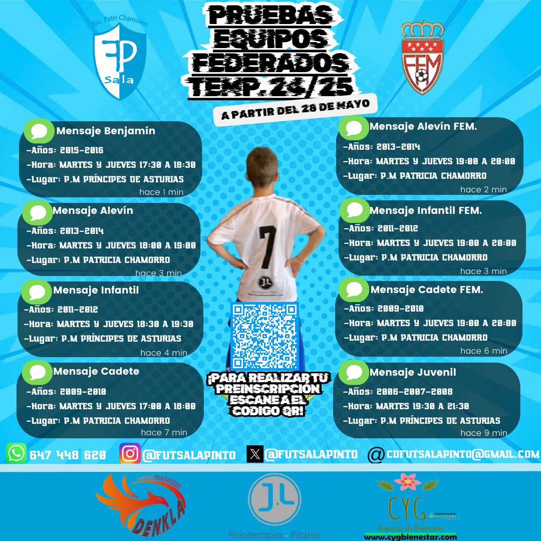 🚨🚨🚨🚨🚨

¡Comenzamos con las pruebas para todos nuestros equipos federados! ⚽️

Si quieres formar parte de nuestra familia, ponte en contacto con nosotros, o escanea el QR que hay en la publicación para hacer la preinscripción. 🤳📲

CONTAMOS CONTIGO 🤍💙
