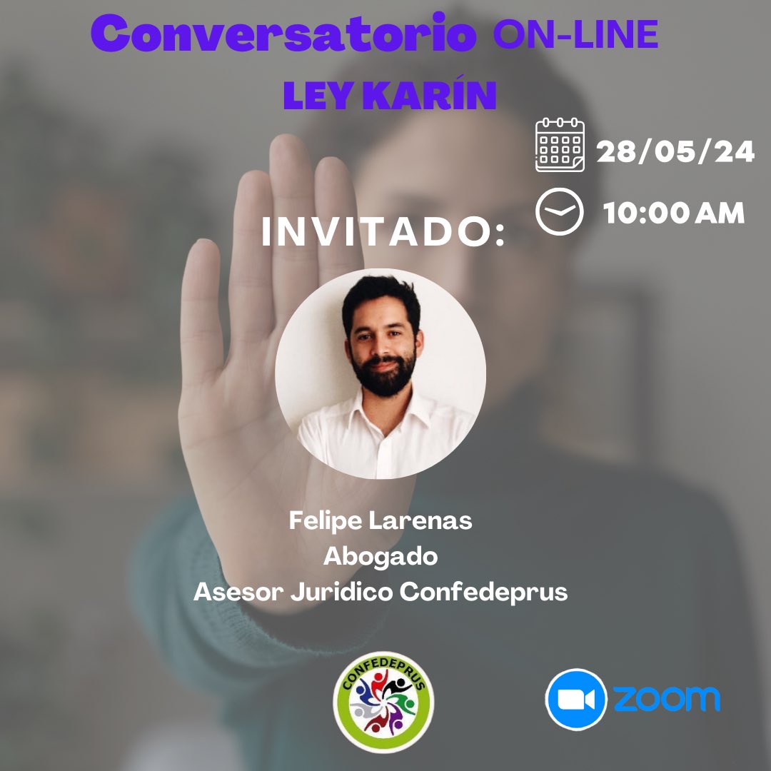 #atención dirigentas y dirigentes, este martes 28 de mayo a las 10:00 AM están invitadas e invitados a un conversatorio sobre #leykarin con nuestro asesor jurídico #felipelarenas #confedeprus 
#vamospormás 

<a href="/FedeprusM/">FEDEPRUS METROPOLITANA</a> <a href="/fedeprusaconca1/">fedeprusaconcagua</a> <a href="/fedeprusvip/">fedeprusviñapetorca</a> <a href="/fedeprusvsa/">FEDEPRUS-VSA</a> <a href="/fedeprusnuble/">Fedeprus Ñuble</a>