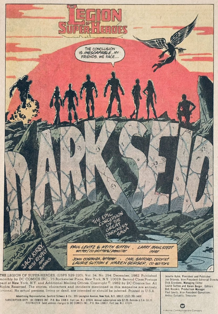 Great googly moogly! That is one heck of an opening splash page, with the image bringing to mind the film Apocalypse Now. Amusing as the Legionnaires are standing not just on Darkseid’name but his home planet as well. Legion of Super-Heroes #294 (1982) #LongLiveTheLegion