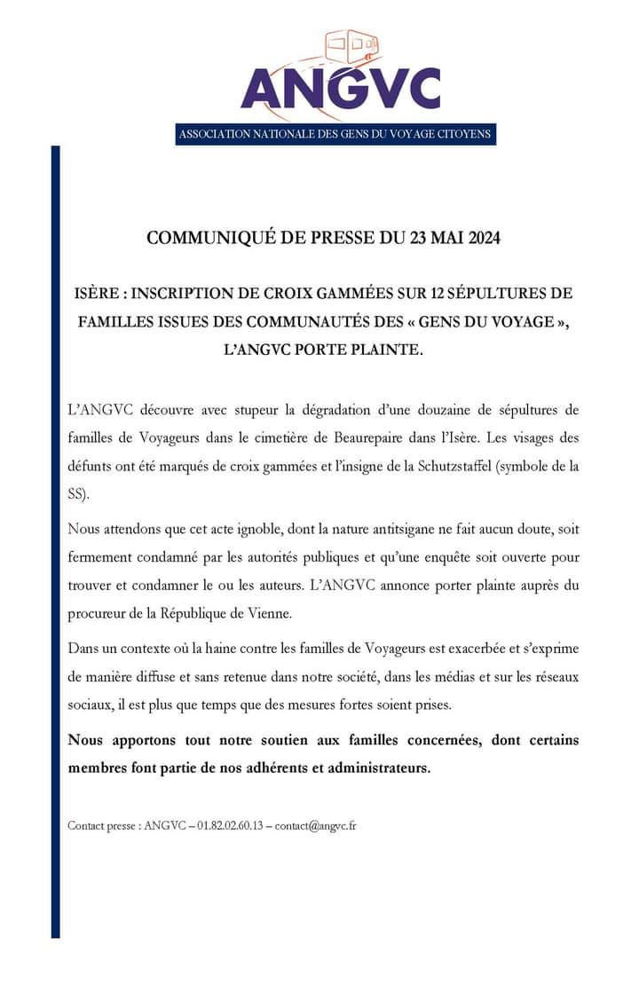 🔴 Communiqué Inscription de croix gammées sur 12 sépultures de familles issues des communautés des 'gens du voyage' en Isère. L'ANGVC porte plainte.