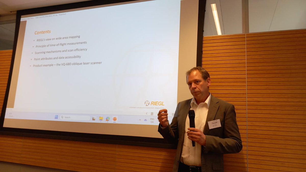 EuroSDR's tweet photo. We welcome Peter Rieger @RIEGL as our #KeyNote speaker for our afternoon session - Airborne laser scanning systems for highly efficient wide-area mapping – technological insights and outlook
#BOD144 #EuroSDR #NMCA #hWh #UniversityOfTwente #Kadaster #ScienceSession https://t.co/2qskkIR1YF