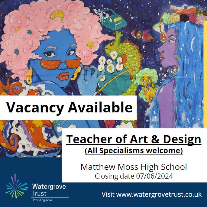 New Vacancy Alert! 🖌️ 🎨 Matthew Moss High School seeks to appoint an inspirational Teacher of Art & Design to join our team and make a real difference to the children. Apply here: bit.ly/4aCgHZS #providingmore #watergrovetrust #getrochdaleworking #vacancies #CHANGE