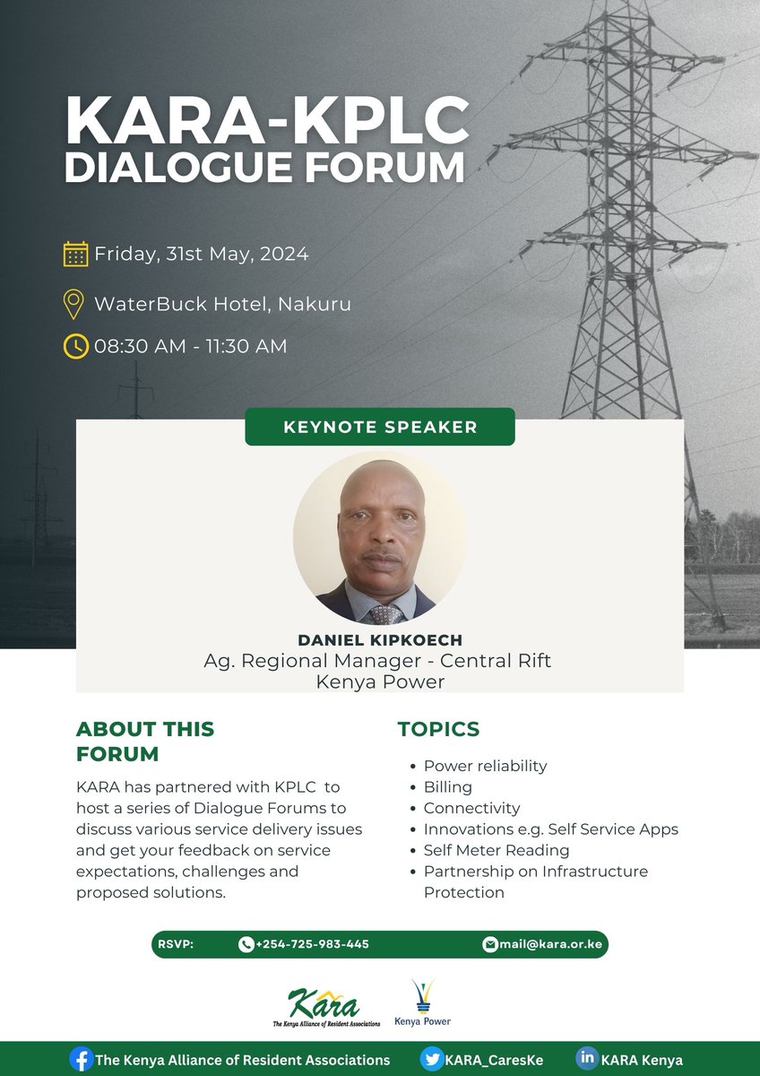 Do you have questions for KPLC? KARA has partnered with @KenyaPower to bring a Dialogue Forum near you. Join us on Friday, 31.05.2024 at WaterBuck Hotel, Nakuru for a conversation on service expectations, challenges & proposed solutions. Feedback form: shorturl.at/kc7sn