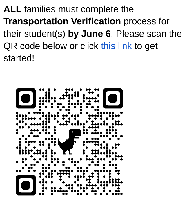 Transportation Action Item for ALL families 🚗 docs.google.com/.../1dNkwCXWeh… ALL families must complete the Transportation Verification process for their student(s) by June 6.