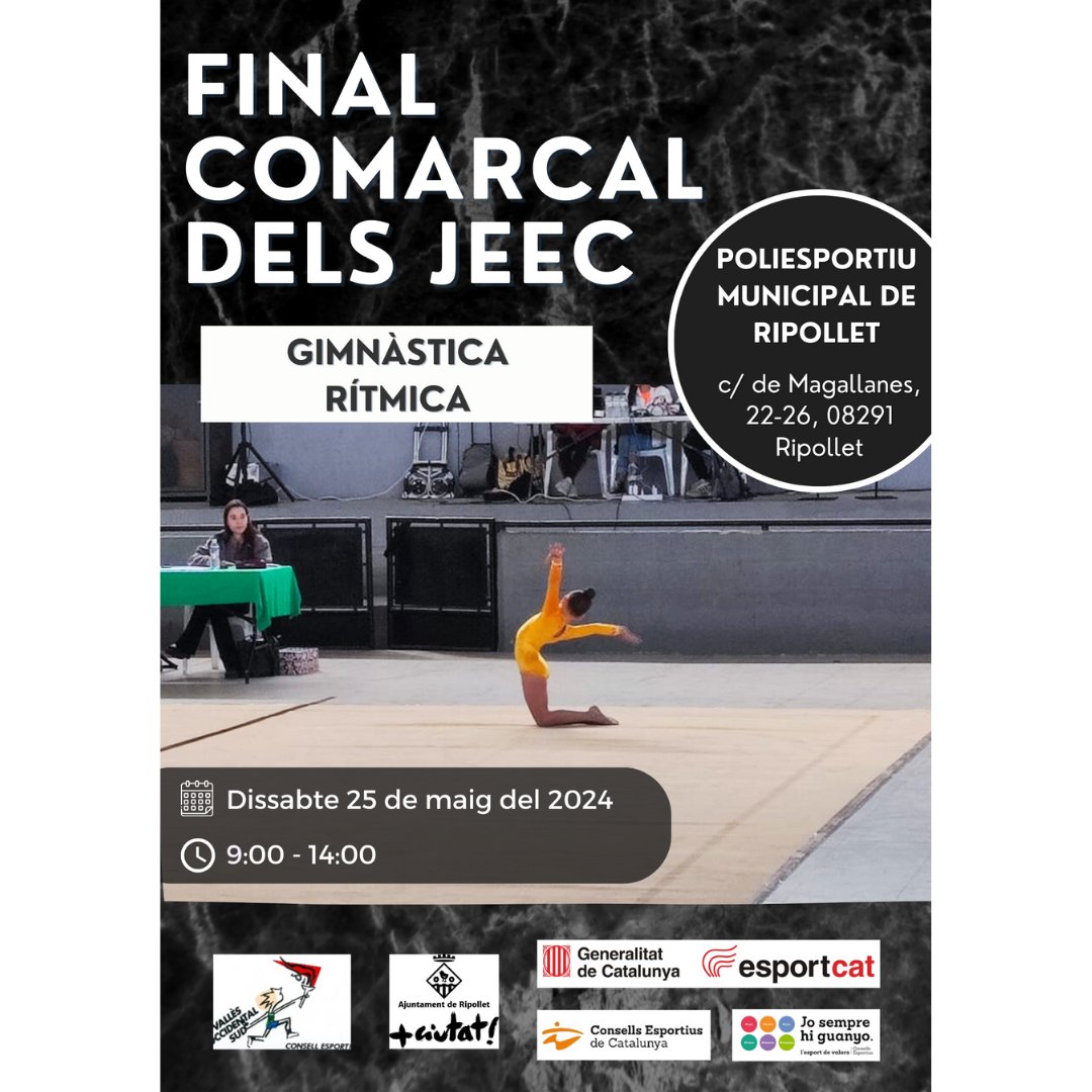 📢 Final Comarcal de Gimnàstica Rítmica 
🗓️ Dissabte 25 de maig 
📍 Poliesportiu Municipal de Ripollet <a href="/RipolletEsports/">Ripollet Esports</a> <a href="/AjRipollet/">Ajuntament Ripollet</a>
#JEEC #GimnasticaRitmica #EsportEscolar #Valors