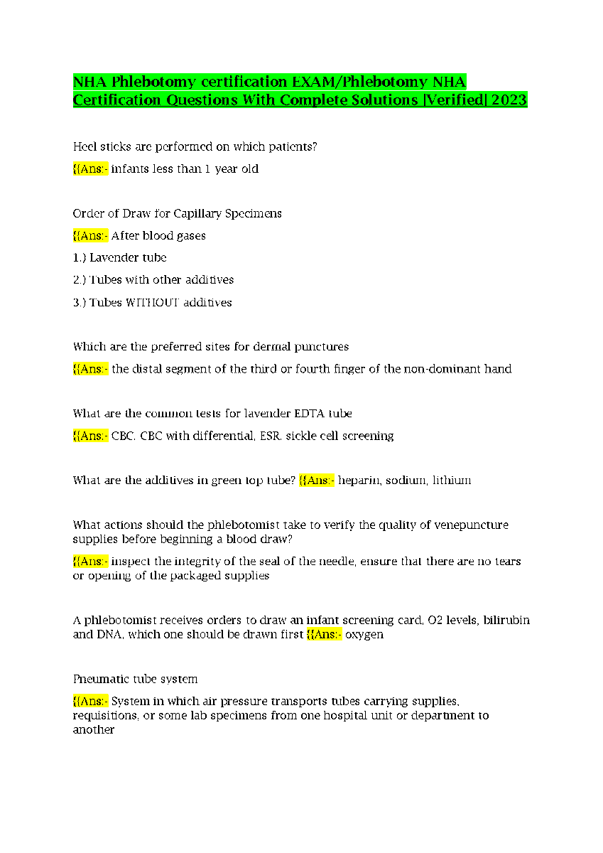Alizai1587850's tweet image. Nha Phlebotomy CertificATIon Exam Phlebotomy Nha CertificATIon Questions With Complete Solutions Verified 2023  
hackedexams.com/item/13904/nha… 
#nhaphlebotomy #phlebotomycertification #phlebotomycertificationexam #phlebotomynha #NHAcertification #nhaphlebotomyquestions #hackedexams
