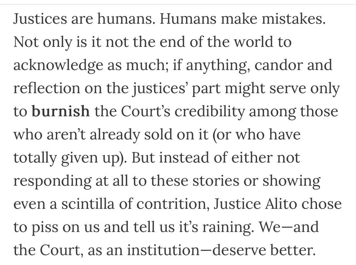 Today’s bonus issue of my “One First” #SCOTUS newsletter looks at the Alito flag stories through the lens of judicial humility. Humility is an important component of judicial credibility—and, as Justice Alito’s responses to these stories make clear, it’s completely lacking here: