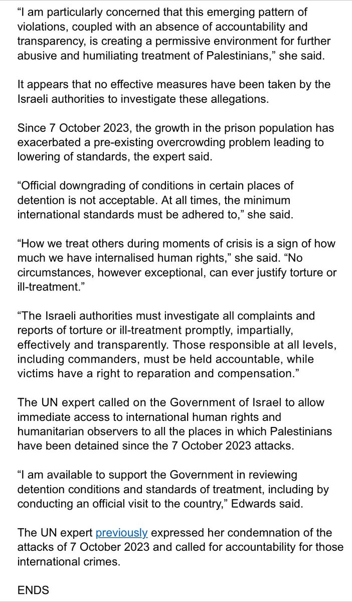 UN torture expert calls to probe Israel’s abuses “I am particularly concerned that this emerging pattern of violations, coupled with an absence of accountability and transparency, is creating a permissive environment for further abusive and humiliating treatment of Palestinians”