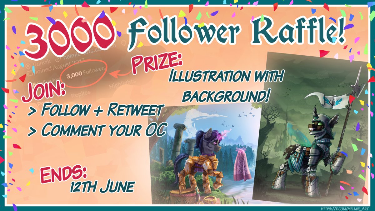 🎊🎉Time to celebrate 3000 followers!🎉🎊

✨Prize:
> Digital illustration of your OC with background!

✨How to enter:
> ➕Follow me + 🔃Retweet this post
> 💬Comment below with your OC ref!

✨Raffle ends: 
>12th June 2024

Good luck!