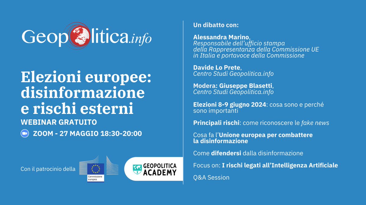 💻Partecipa al webinar "Elezioni europee: disinformazione e rischi esterni" 

🗓️27 maggio - 18.30

🎙️✍️Parleremo delle elezioni europee di giugno, dei principali rischi legati alla disinformazione e cosa fa l'UE per combattere le fake news. 

Iscriviti ➡️ t.ly/N2iNM