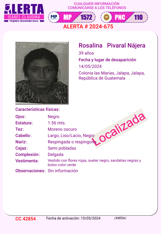#AlertaIsabelClaudina 📣 Localizada❗ Rosalina Pivaral Nájera Ha sido localizada 📌 Agradecemos haber compartido la información 👌🏼