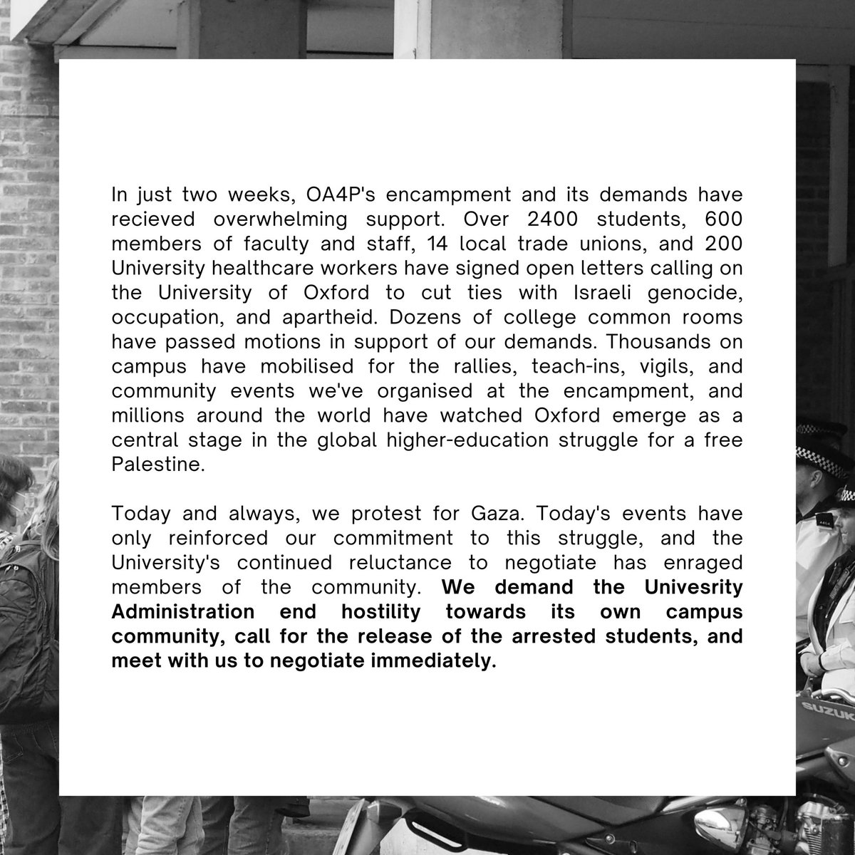 Oxford students arrested and assaulted during peaceful sit in at admin offices. Read our statement below (1/3)