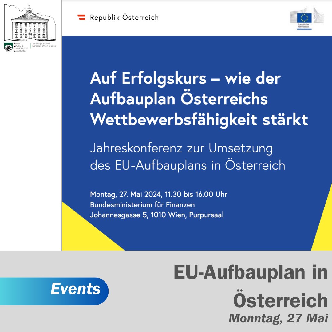 Am 27. Mai 2024 veranstaltet das Finanzministerium eine Konferenz in Wien: 'Auf Erfolgskurs – wie der Aufbauplan Österreichs Wettbewerbsfähigkeit stärkt.' Themen: Digitalisierung und Innovation. Livestream: bundeskanzleramt.gv.at/eu-aufbauplan/…