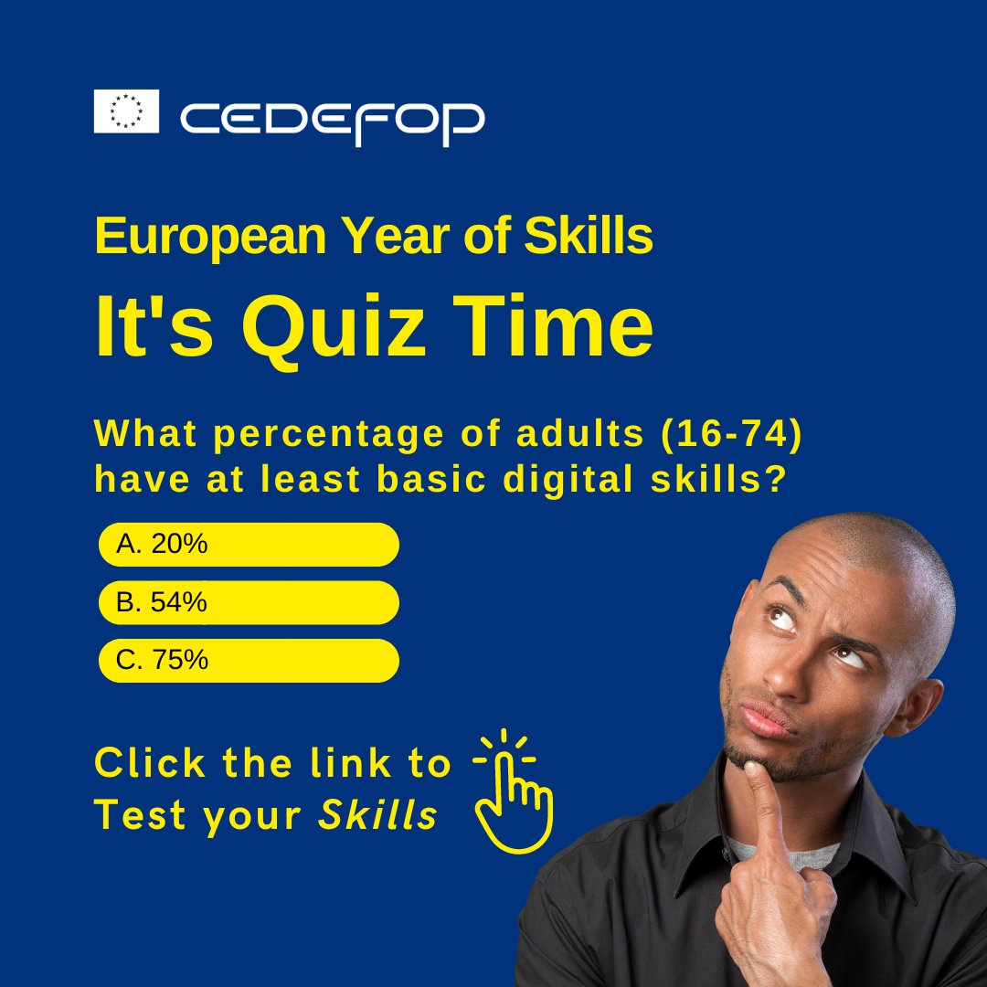 🥁#Quiztime for all our #skills gurus, ninjas, rock-stars, and humble learners🚀. Take our quiz 👇 cedefop.europa.eu/en/pages/eys-q… & don't forget to add your score in the comments below🙀. #EuropeanYearofSkills #SkillsRevolution #DecadeofSkills