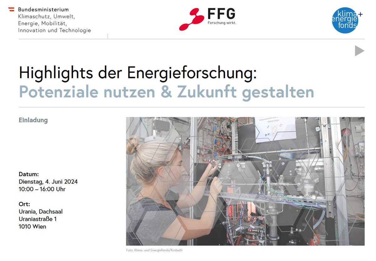 Anmeldung noch bis 2.6. möglich!➡️HIGHLIGHTS DER ENERGIEFORSCHUNG am 4. Juni in Wien. 
Mit: Erfolgsbeispielen aus der Praxis, Infos über Fördermöglichkeiten und Netzwerkpartner:innen, uvm.
⏩Programm und Anmeldung nachhaltigwirtschaften.at/de/veranstaltu…