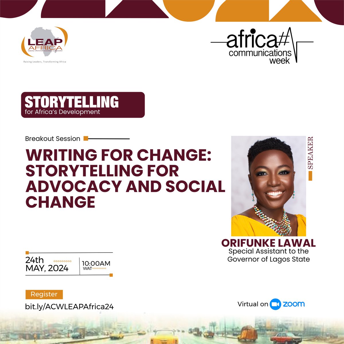Are you ready?

Orifunke Lawal, Special Assistant to the Governor of Lagos State, takes the stage for an enlightening session at #AfricaCommsWeek2024, speaking on 'Writing for Change: Storytelling for Advocacy and Social Change.'