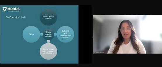 Hosting a great @MDDUS_News webinar with my Risk Adviser colleague @lou_kay on safe use of social media for doctors - here she’s highlighting the @gmcuk ethical hub which is a helpful resource for all doctors.
