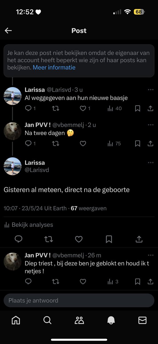 HAHAHAHAHHA ik lach zo hard.

Deze Jan retweet een foto van voor de bevalling met de vraag waar de pups zijn.

Larissa being Larissa.

Jantje boos.
🤣🤣🤣