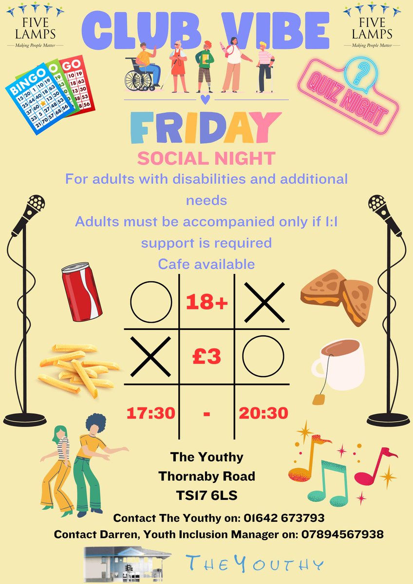 Healthwatch Stockton-on-Tees (@hwstockton) on Twitter photo From <a href="/Five_Lamps/">Five Lamps</a>:
Launch night of Club Vibe for adults 18+ with disabilities and additional needs. Food & drink at the Cafe available. For adults to be themselves, socialise with friends & to meet new people.
📅 14 June
🏫 The Youthy, Thornaby Road
🕙 5.30pm - 8.30pm
#Stockton From <a href="/Five_Lamps/">Five Lamps</a>:
Launch night of Club Vibe for adults 18+ with disabilities and additional needs. Food & drink at the Cafe available. For adults to be themselves, socialise with friends & to meet new people.
📅 14 June
🏫 The Youthy, Thornaby Road
🕙 5.30pm - 8.30pm
#Stockton