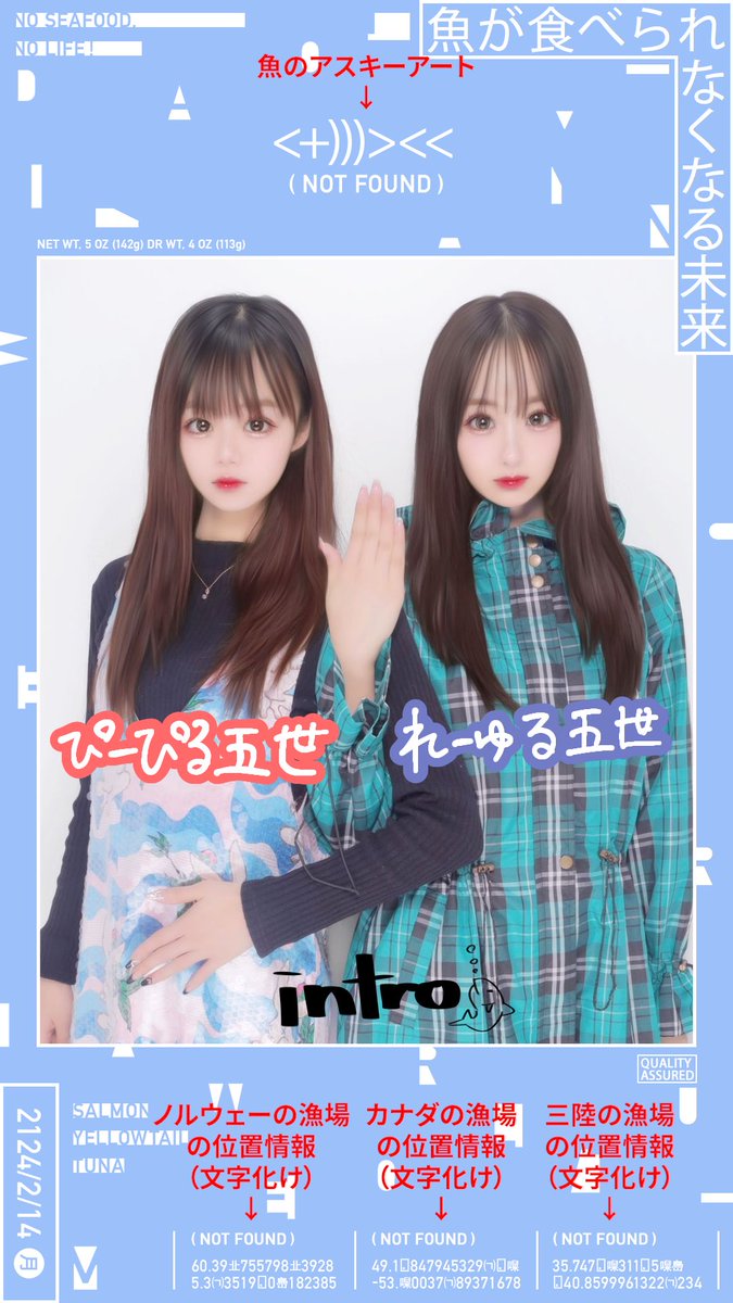 8X8X4X's tweet photo. このプリクラの枠を作ってくれたデザイナーによると、枠に記載されている謎の表記は実在する漁獲量が多い漁場の位置情報が文字化けしたものとのこと。
センター上部にあるのは魚のアスキーアートです。
文字化け、（NOT FOUND）、示唆的なものを感じます。

#9x6x3 #魚が食べられなくなる未来 https://t.co/SViKBmGDMM