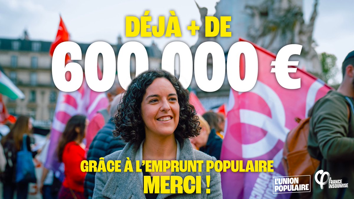 🟣 600 000 € collectés grâce à l'Emprunt populaire ! Un grand merci pour votre mobilisation 🙏 ✅ L'Emprunt populaire vous permet de donner ou de prêter de l'argent pour financer la campagne de l'#UnionPopulaire. 👉 Donnez-nous la force de tout changer ! On continue :