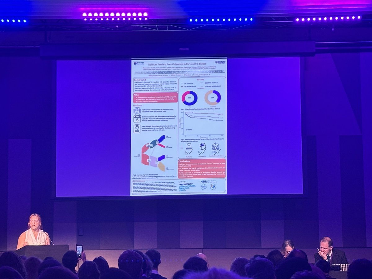 “Team delirium” presenting this study looking at outcomes in patients with #parkinsonsdisease and #delirium — outcomes much worse in this group in terms of survival (46% predicted to be dead within a year of presenting with delirium), dementia, and institutionalisation #BGSconf