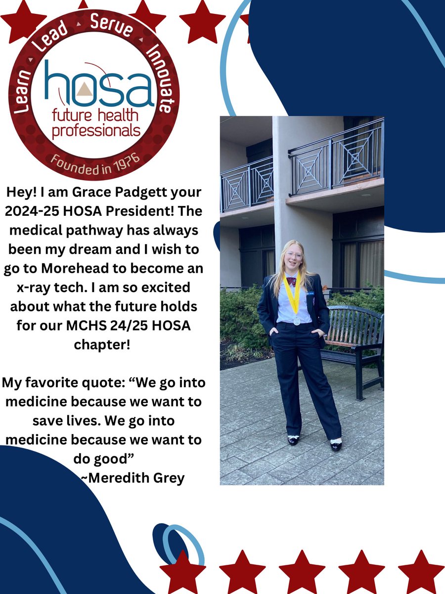 Let’s introduce our new 2024-2025 HOSA officer team!! Starting 1st, we have our new…president!! Grace Padgett