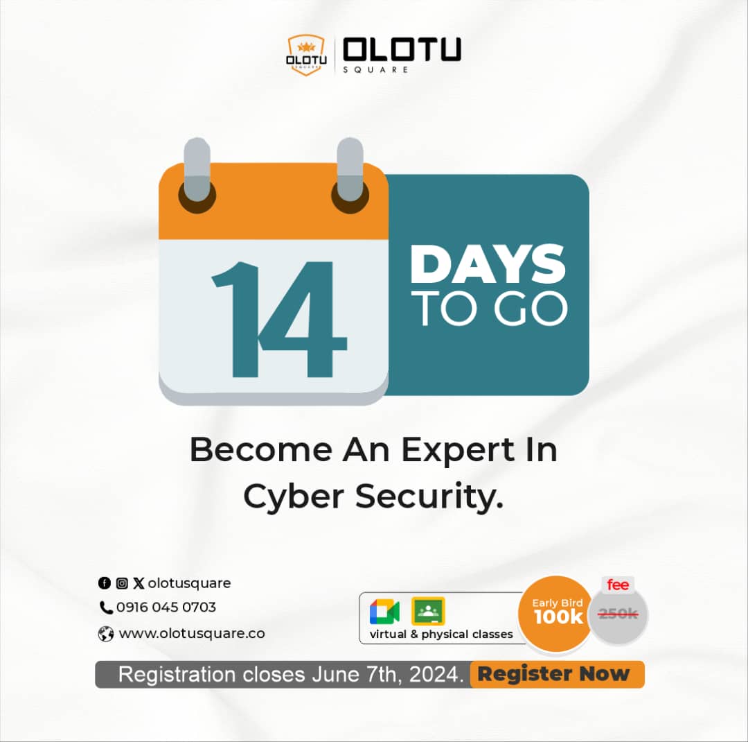 Countdown to Cyber Security training! 14 days left! Learn how to protect your future & data. Click to know more: olotusquare.co/hackersq-cohor…

 or enroll now: paystack.com/pay/ethical-ha…

#CyberSecurityTraining #CyberSecCountdown #SecureYourFuture