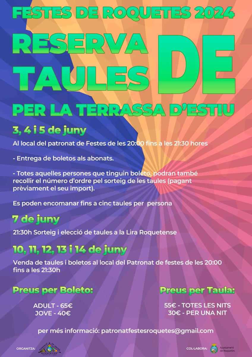 🟩⬜ Informació de la venda de taules, boletos i recollida de Festes 2024 #FMR24 #TerrassaDEstiu #Roquetes