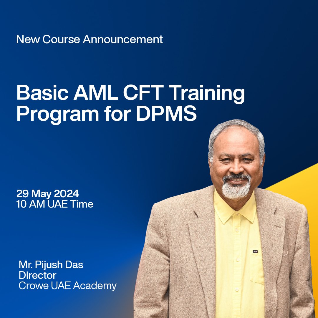 BASIC AML CFT TRAINING PROGRAM FOR DPMS

Elevate Your Compliance Skills with Our Basic AML CFT Training Program for DPMS

For more info crowe.com/ae/events/basi… 

Register Here docs.google.com/forms/d/e/1FAI… 

#AML #CFT #ComplianceTraining #DPMS #AntiMoneyLaundering #TerroristFinancing