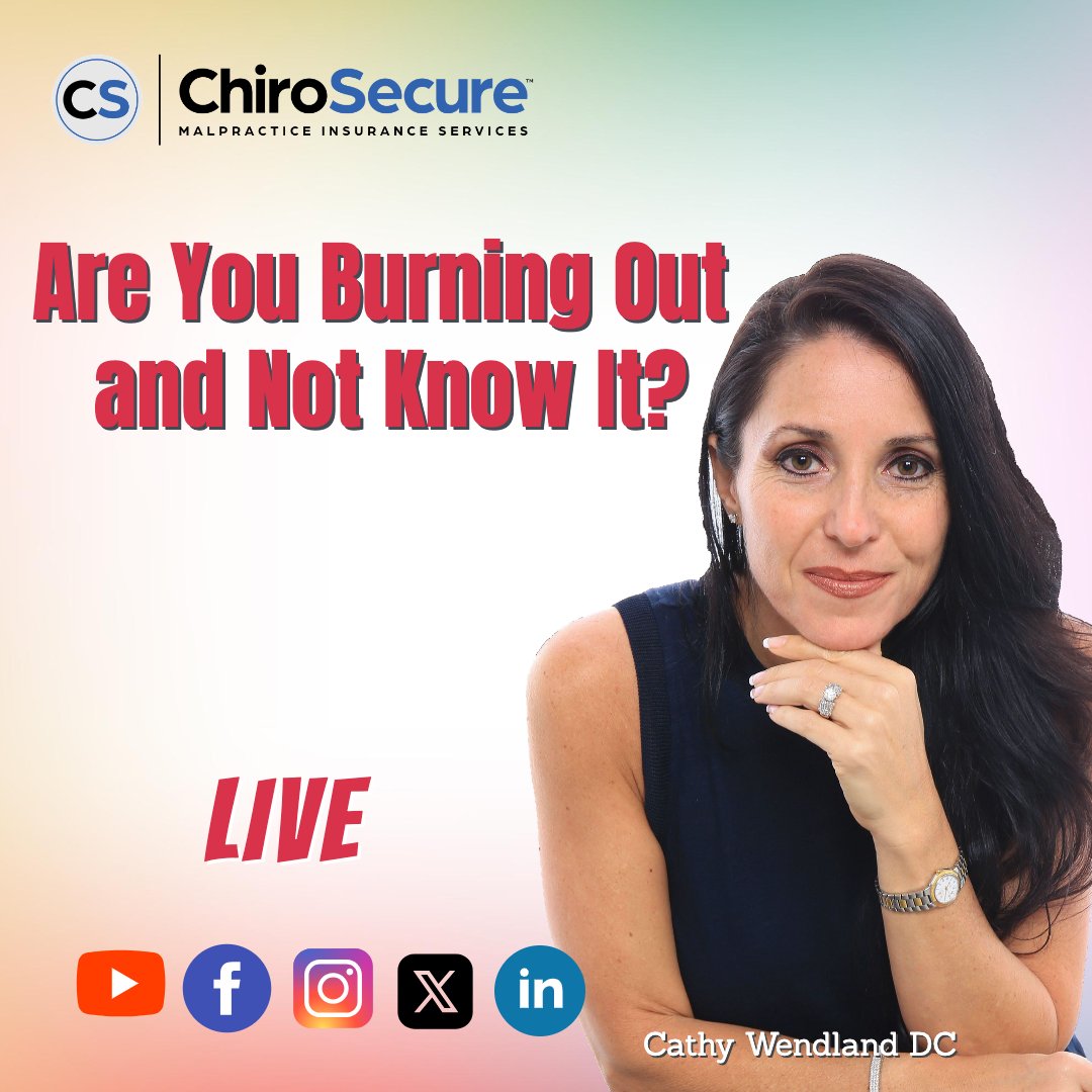 Live today May 23rd at 1:00 PM ET.
Are You Burning Out and Not Know It? 👍🎥🔊👊🕐
Live on Twitter: x.com/chirosecure
Dr. Cathy Wendland presents.

How to recharge YOU!
#chiropracticwomen #practicebuilding #malpracticeinsurance