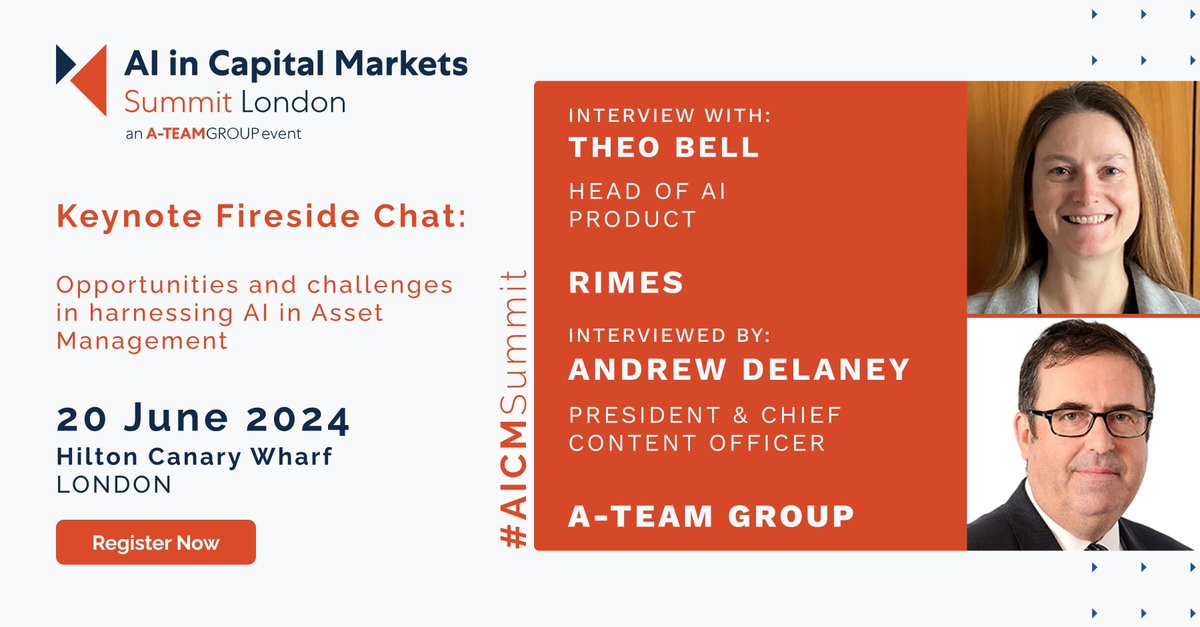 Join us at AI in Capital Markets Summit London on 20 June to hear from Theo Bell, Head of AI Product at @RimesTech during this keynote fireside chat discussion on the opportunities & challenges in harnessing AI in Asset Management. Register: a-teaminsight.pulse.ly/ly3cgphzqn #AICMSummit